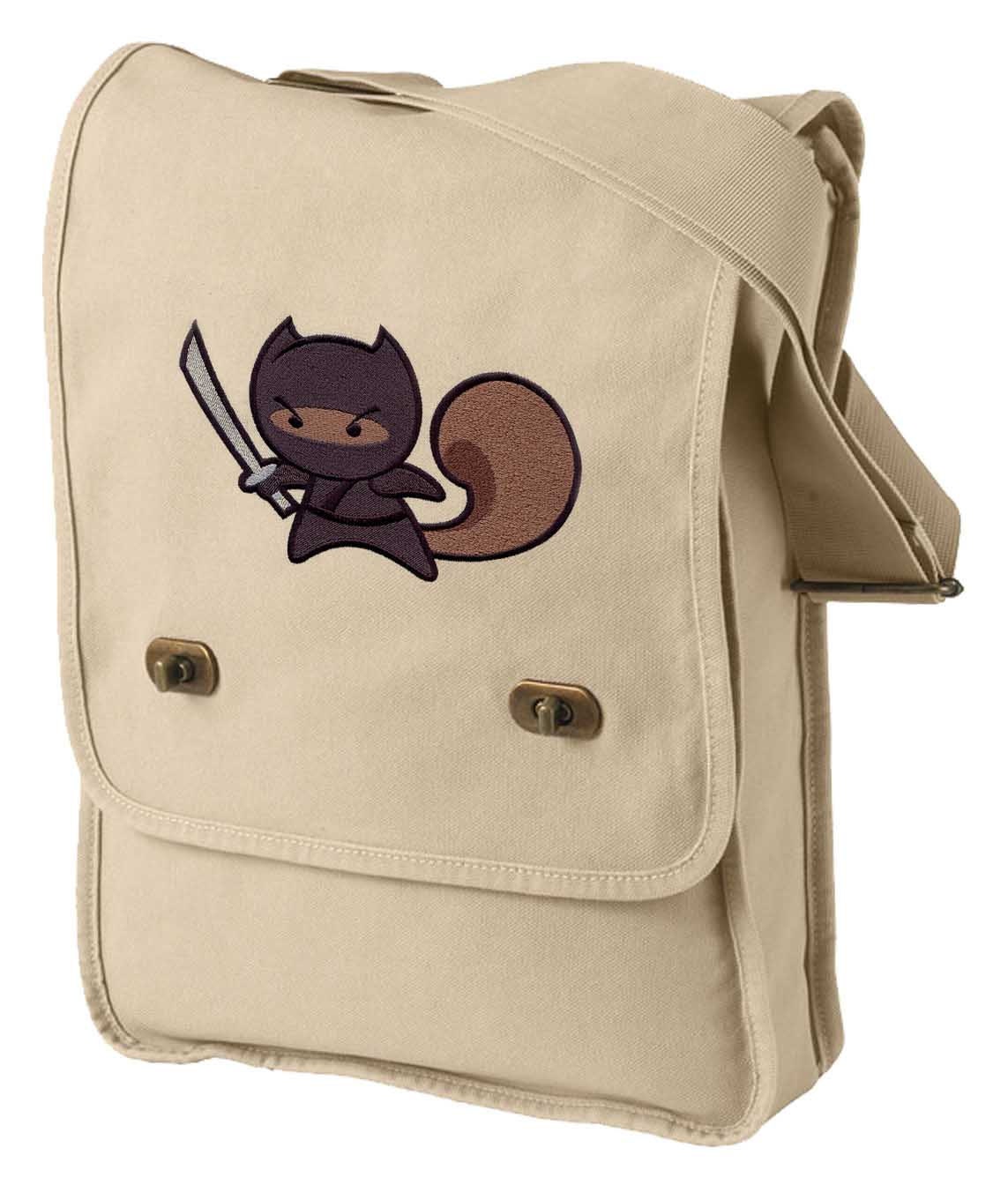 Ninja Squirrel Embroidered Canvas Field Bag