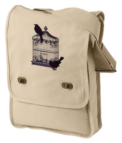 Black Bird Cage Embroidered Canvas Field Bag