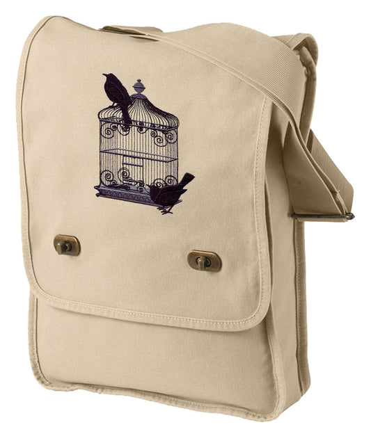 Black Bird Cage Embroidered Canvas Field Bag