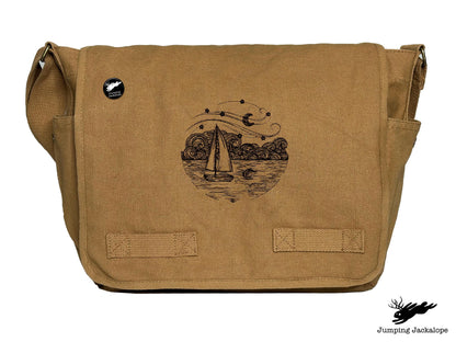 Starry Night Ocean Scene Embroidered Messenger Bag