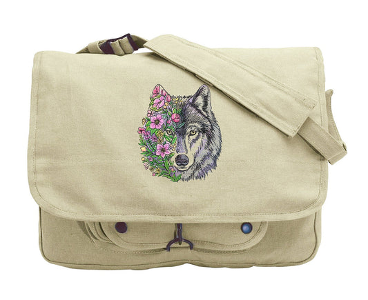 Wolf in Flowers Embroidered Canvas Messenger Bag