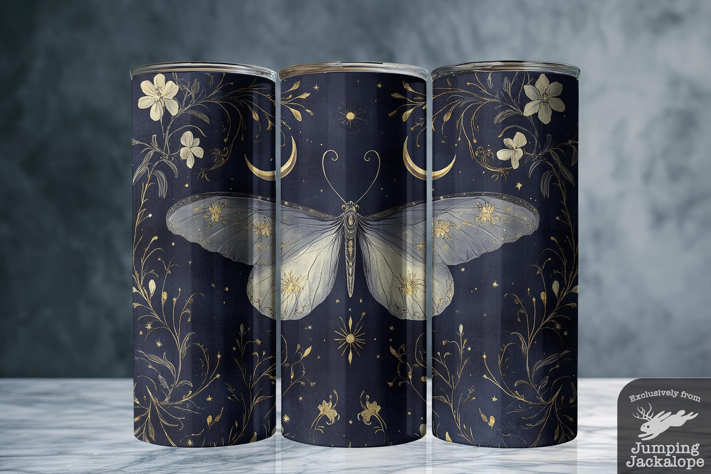 Velvet Dusk Moth Tumbler – Antique Gold & Navy Gothic Moth Tumbler