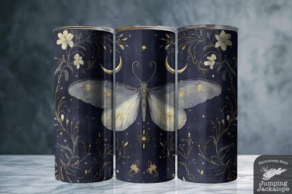 Velvet Dusk Moth Tumbler – Antique Gold & Navy Gothic Moth Tumbler