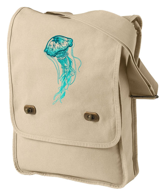 Aqua Marine - Jellyfish Embroidered Canvas Field Bag