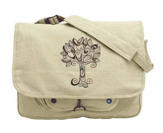 Doodle Tree embroidered Canvas Messenger Bag