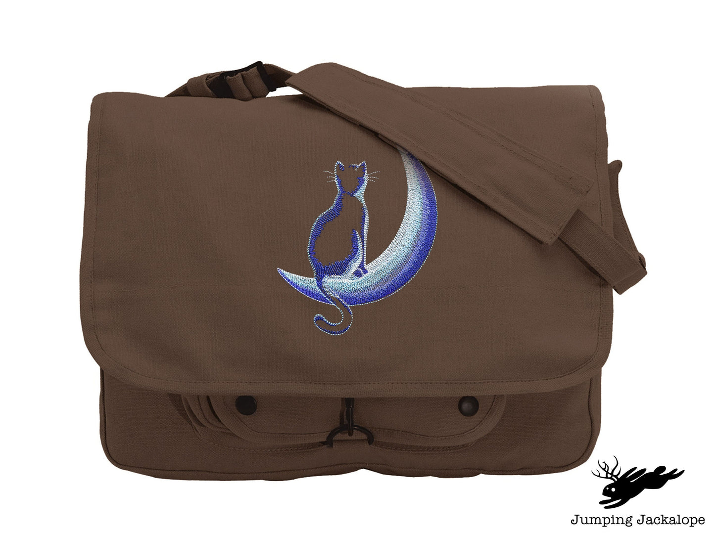 Crescent Moon Glow Cat Embroidered Canvas Messenger Bag,  Cat Bag, Cat Moon Bag