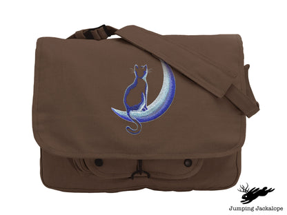 Crescent Moon Glow Cat Embroidered Canvas Messenger Bag,  Cat Bag, Cat Moon Bag