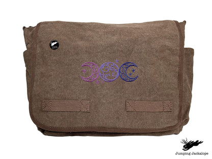 Triple Moon Design Embroidered Classic Canvas Messenger Bag,