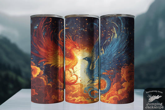 Ascend & Burn Tumbler – 20oz Dragon and Phoenix Aerial Fight | Celestial Fire Fantasy Gift