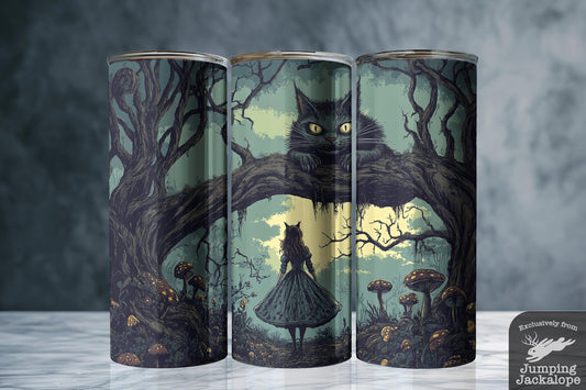 Through the Forest Tumbler – Alice Confronts the Cheshire Cat | 20oz Vintage Fantasy Cup