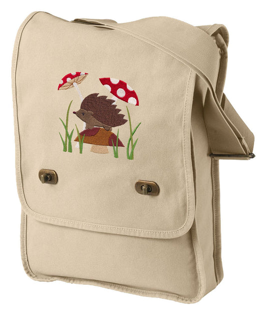 Hedgehog in Mushrooms Embroidered Canvas Field Bag