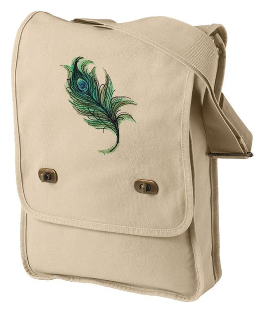 Painted Peacock Feather Embroidered Canvas Field Bag
