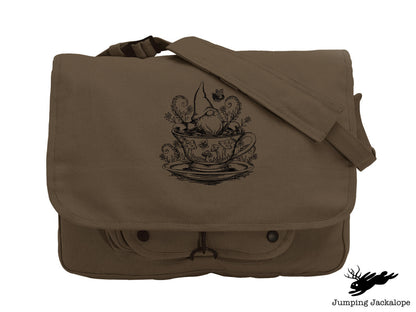 A Day at the Spa Teacup Gnome, Gnome Embroidered Canvas Messenger Bag, Gnome Bag
