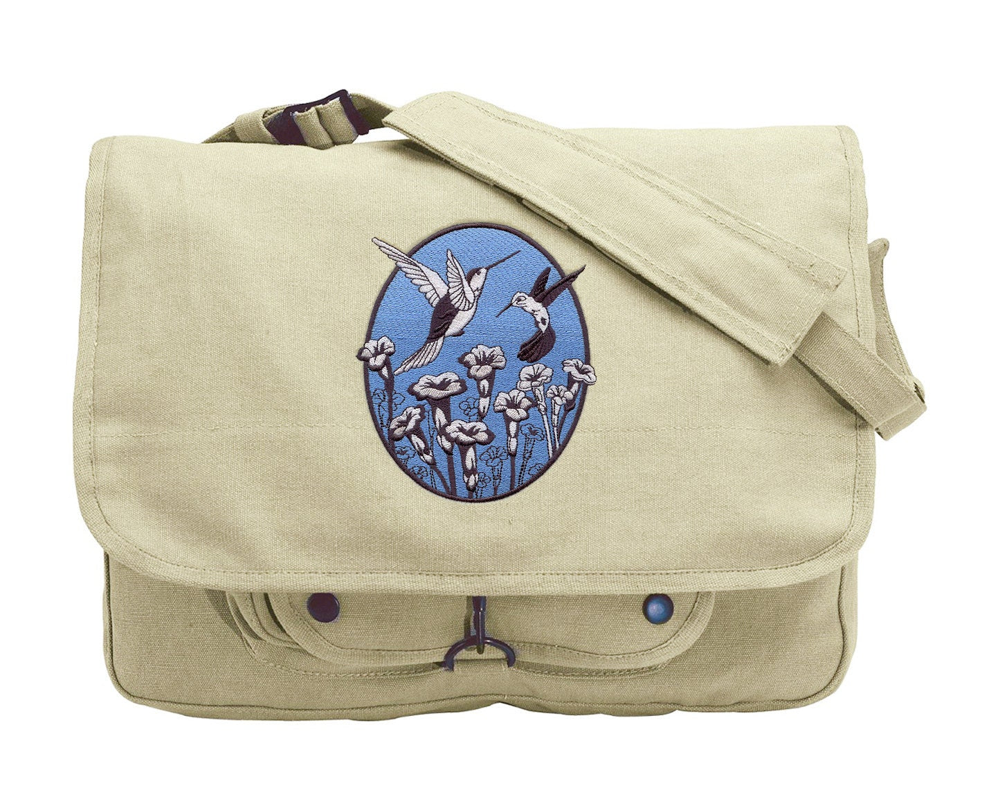 Spring Hummingbird Oval Embroidered Canvas Messenger Bag