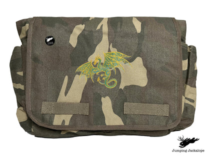 a camouflage bag with a dragon on it