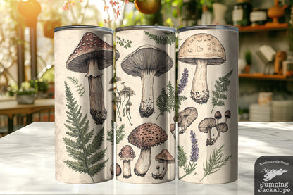 Vintage Botanical Mushroom Tumbler – 20oz Black & White Forest Sketch