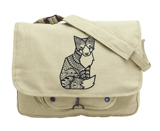 Doodle Fox Embroidered Canvas Messenger Bag