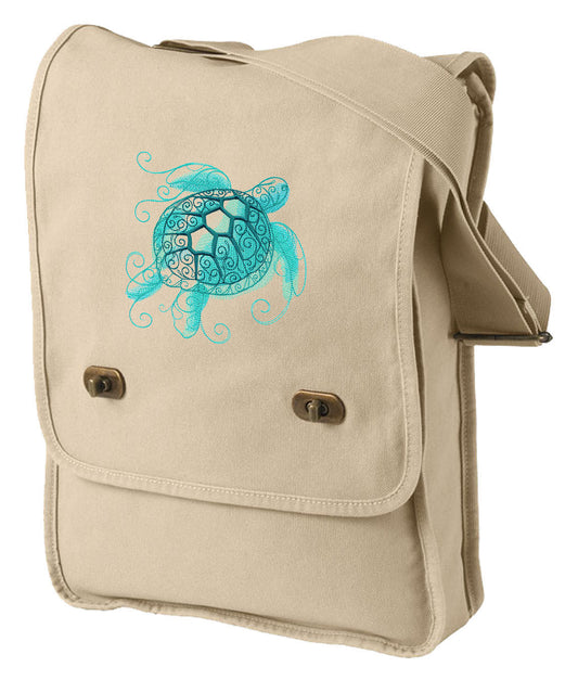 Aqua Marine - Sea Turtle Embroidered Canvas Field Bag