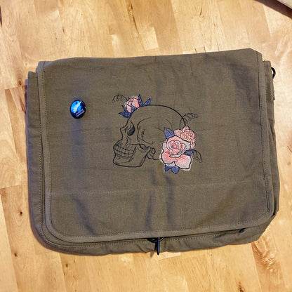 Dire Bloom - Skull Embroidered Canvas Messenger Bag
