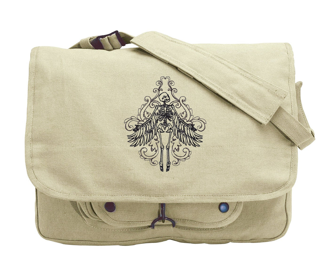 Toile Noir - Skeleton Embroidered Canvas Messenger Bag