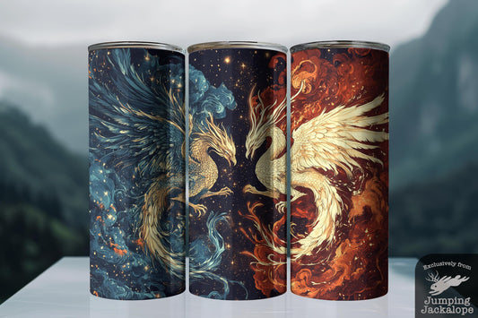 Starlit Showdown Tumbler – 20oz Dragon and Phoenix Firestorm Scene | Mythic Sky Art Drinkware
