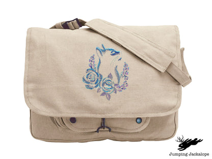 Rose Laurel Cat Embroidered Canvas Messenger Bag,  Cat Bag, Flower Cat Bag