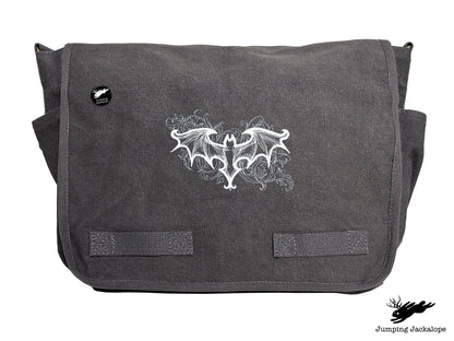 Elegant Bat Design Embroidered Classic Canvas Messenger Bag
