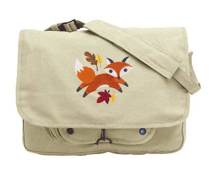 Fox in Fall Frenzy Embroidered Canvas Messenger Bag