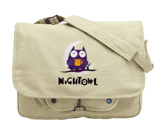 Caffeinated Owl Embroidered Canvas Messenger Bag