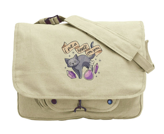Wicked Cute I Put a Spell On You, Cat Design Bag Embroidered Canvas Messenger Bag