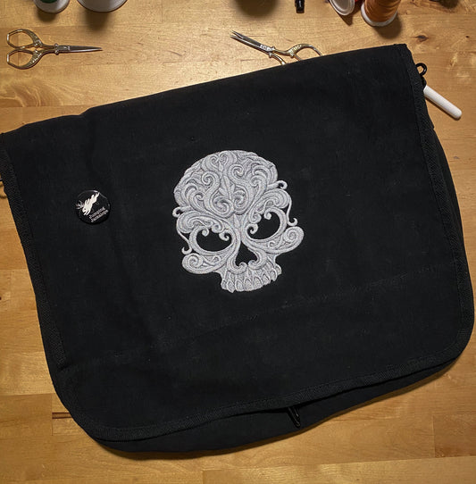 Baroque Punk Skull Embroidered Canvas Messenger Bag