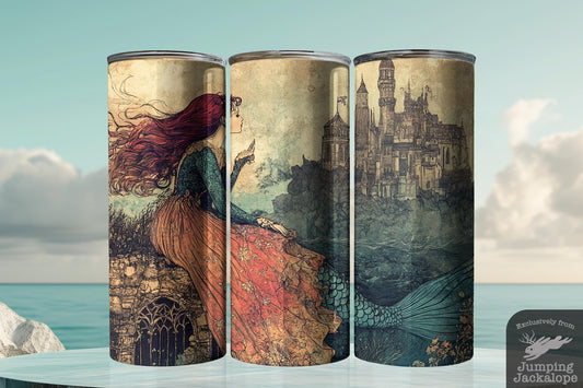 Castle Watch Mermaid Tumbler – 20oz Fantasy Seaside Scene Drinkware | Storybook Coastal Design