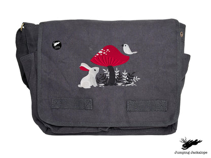 A Curious Find Bunny and Mushroom Design Embroidered Classic Canvas Messenger Bag