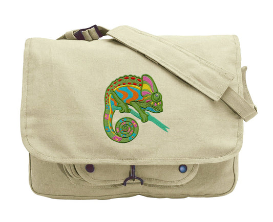 Caribbean Creatures Chameleon Embroidered Canvas Messenger Bag