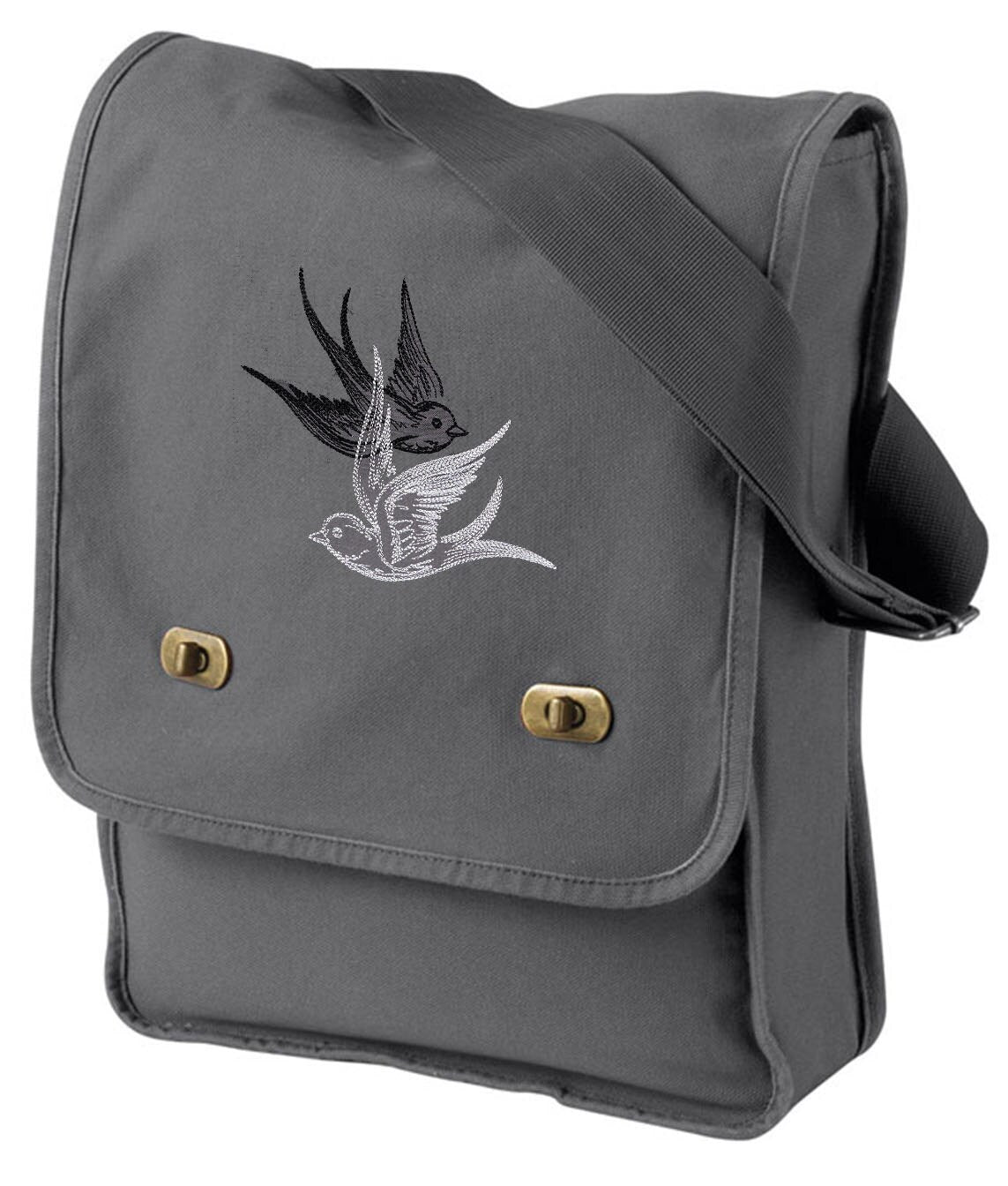Light and Shadow Swallows Embroidered Canvas Field Bag