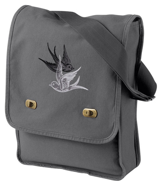 Light and Shadow Swallows Embroidered Canvas Field Bag