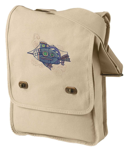 Steampunk Canvas Bag, Submarine Bag, Mechanica Aquatica Steampunk Submarine Embroidered Canvas Field Bag