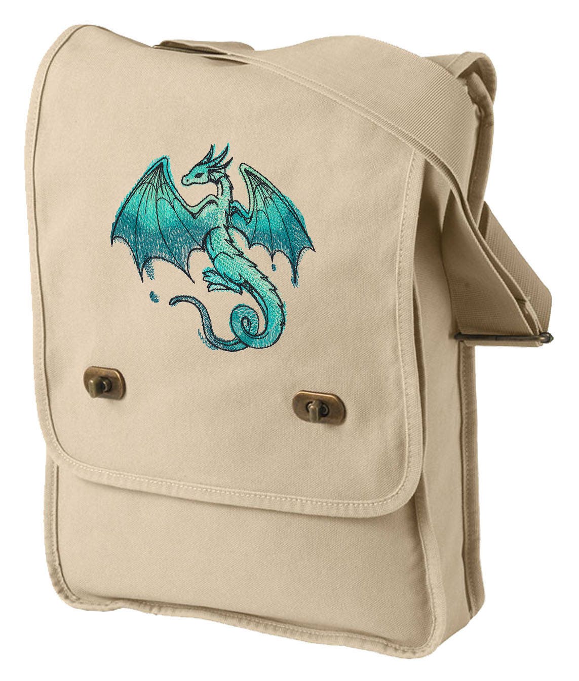 Dragon Bag, Dragon Field Bag, Dragon Messenger Bag, Dragon, Colorful Dragon, Green Dragon, Spectrum - Dragon Embroidered Canvas Field Bag