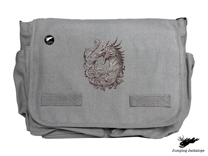 Baroque Scrollwork Dragon Embroidered Classic Canvas Messenger Bag