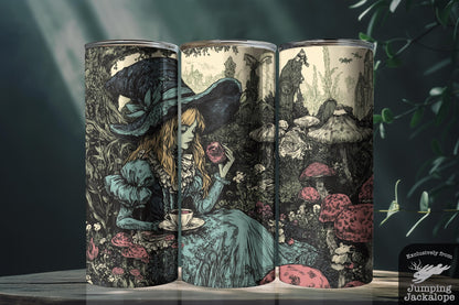 Alice in Wonderland Gothic Tumbler – 20oz Sublimated Cup with Lid & Straw | Vintage Fairytale Tea Scene | Customizable Gift