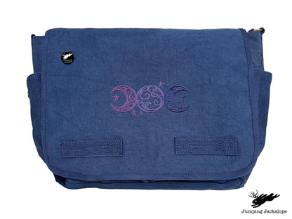 Triple Moon Design Embroidered Classic Canvas Messenger Bag,