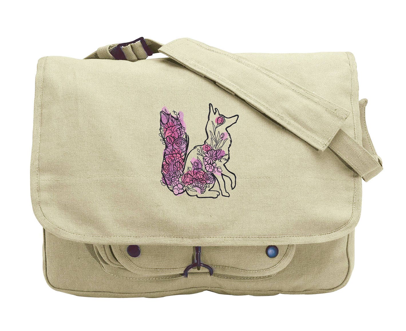 Floral Fox Embroidered Canvas Messenger Bag