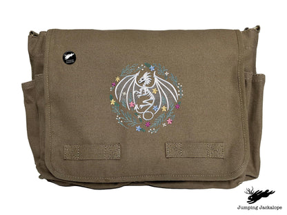 Floral Dragon Skeleton Embroidered Classic Canvas Messenger Bag
