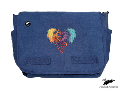 Intertwined Rainbow Heart Dragons Embroidered Classic Canvas Messenger Bag