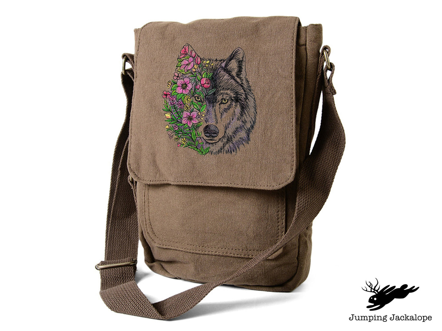 Wolf in Flowers Embroidered Canvas Tech, Tablet, iPad, Kindle, Fire, Camera Bag
