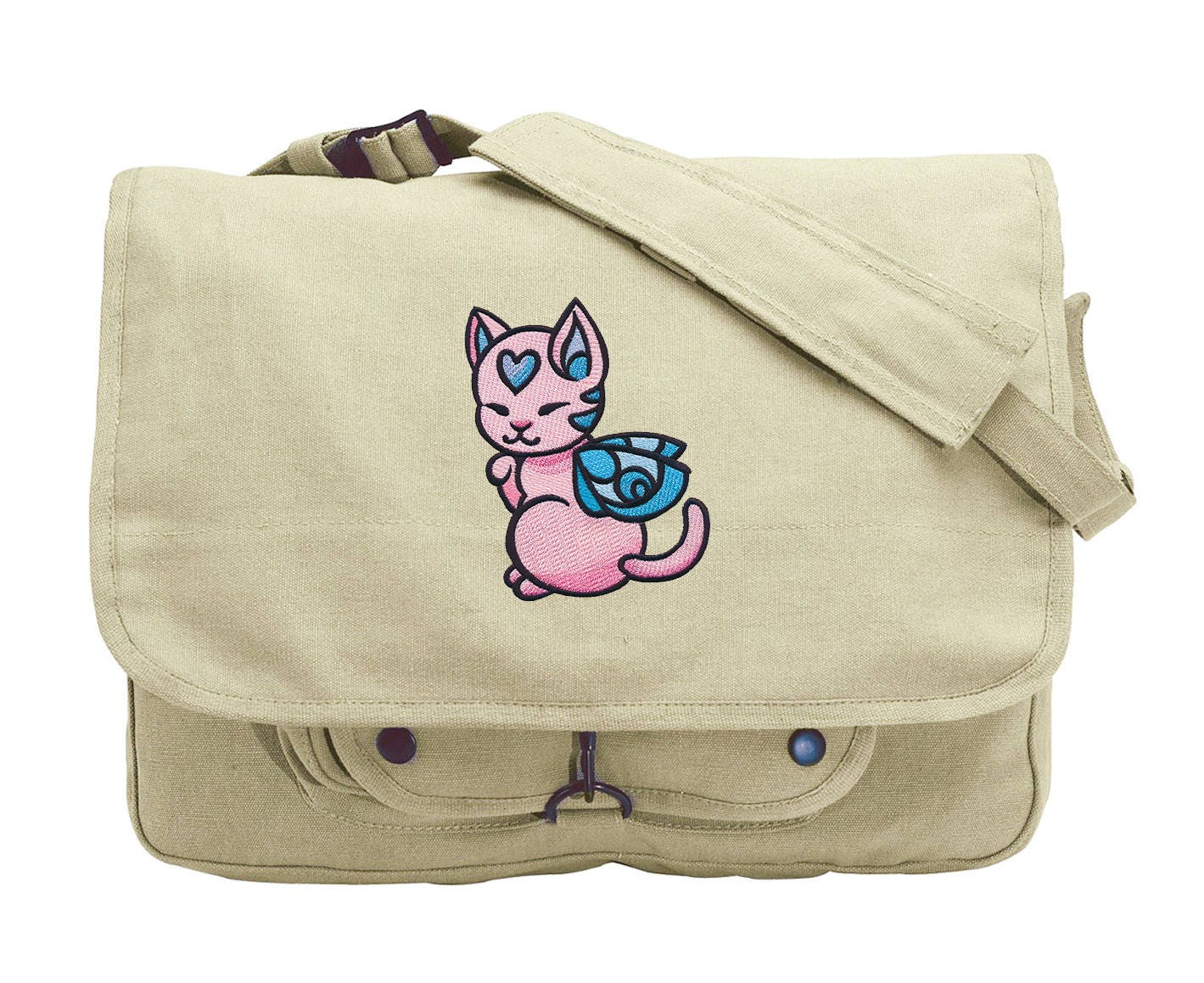 Charmed Creatures - Kitten Embroidered Canvas Messenger Bag, Cat Messenger Bag, Kitty Embroidered Canvas Messenger Bag