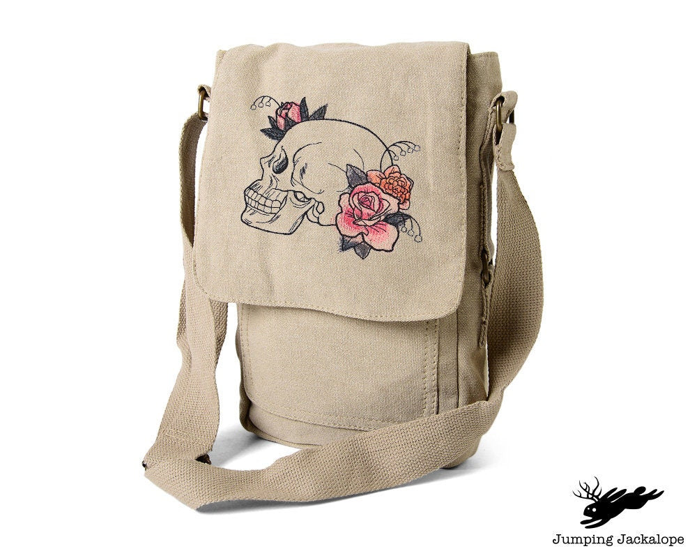 Dire Blooms - Skull Embroidered Canvas Tech, Tablet, iPad, Kindle, Fire, Camera Bag