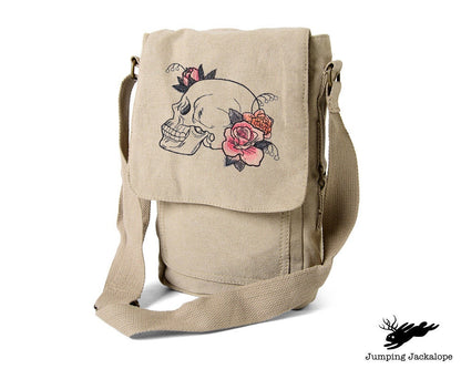 Dire Blooms - Skull Embroidered Canvas Tech, Tablet, iPad, Kindle, Fire, Camera Bag