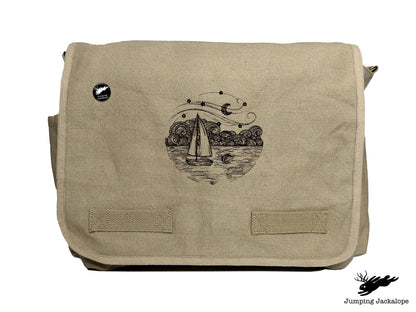 Starry Night Ocean Scene Embroidered Messenger Bag