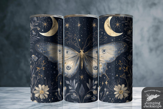 Lunar Veil Moth Tumbler – 20oz Ivory Moth with Celestial Details | Moonlit Garden Drinkware